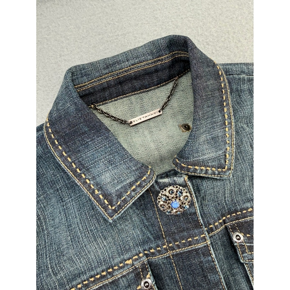 Elie Tahari Womens Blue Jeweled Button Denim Jacket Dark Wash Size 4 E853A105
